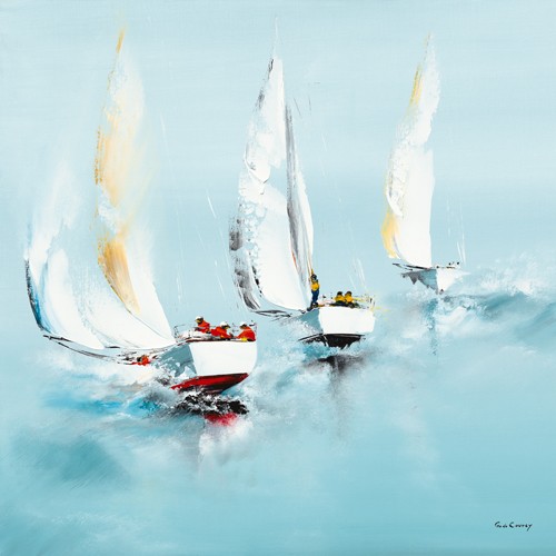 Gérard de Courcy, Grand largue (Meeresbrise, Segler, abstrakte Malerei, Segelboote, Regatta, Wind, steife Brise, Modern, Wohnzimmer, Treppenhaus, Wunschgröße, bunt)