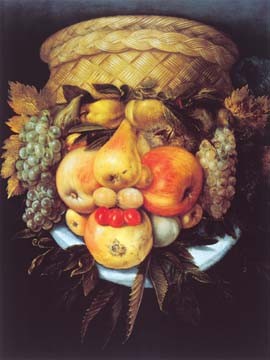 Giuseppe Arcimboldo, Portrait eines Mannes (Wunschgröße, Gesicht, Obst, Früchte, Herbstfrüchte, witzig, bizarr, Spätrenaissance, Manierismus, Allegorie, Figurativ, Klassiker, Wohnzimmer, Küche, Esszimmer, bunt)