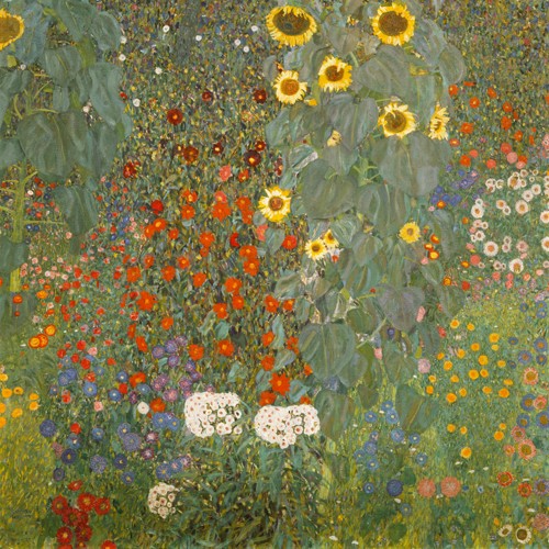 Gustav Klimt, Bauerngarten mit Sonnenblumen (Wunschgröße, Klassische Moderne,Jugendstil, Blumen, Blüten, Blumengarten, Sonnenblumen bunt, Wohnzimmer, Treppenhaus, Schlafzimmer, Malerei)