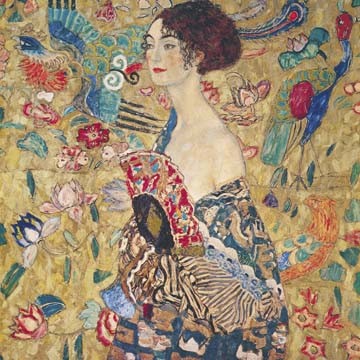 Gustav Klimt, Dame mit Fächer (Wunschgröße, Klassische Moderne,Jugendstil, dekorativ, Eros&People, Frau, Ornamente, Vogel, Fächer, bunt, Wohnzimmer,Treppenhaus, Schlafzimmer, Malerei)