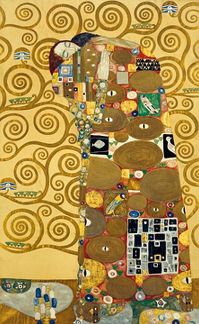 Gustav Klimt, Die Erfüllung (Wunschgröße, Klassische Moderne,dekorativ, Jugendstil, Eros&People, Frau, Mann, Umarmung,  Baum des Lebens, Ornamente, geometrische Formen, bunt, Wohnzimmer, Treppenhaus, Schlafzimmer, Malerei)