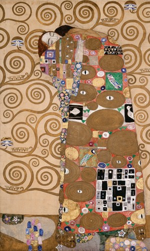 Gustav Klimt, Die Erfüllung (Wunschgröße, Klassische Moderne,dekorativ, Jugendstil, Eros&People, Frau, Mann, Umarmung, Baum des Lebens, Ornamente, geometrische Formen, bunt, Wohnzimmer, Treppenhaus, Schlafzimmer, Malerei)