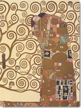 Gustav Klimt, L´Abbraccio I (Wunschgröße, Klassische Moderne,dekorativ, Jugendstil, Japonismus, Eros&People, Frau, Mann, Umarmung, Lebensbaum, Baum, Ornamente, geometrische Formen, bunt, Wohnzimmer, Treppenhaus, Schlafzimmer, Malerei)