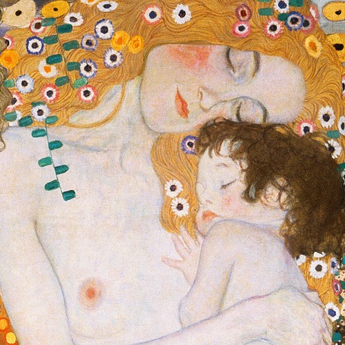 Gustav Klimt, Le Tre Età Della Vita (Wunschgröße, Klassische Moderne,dekorativ, Jugendstil, Eros&People, Frau, junge Frau,Baby, Kind, Schlafende, Ornamente, geometrische Ornamente bunt, Wohnzimmer, Treppenhaus, Schlafzimmer, Malerei)