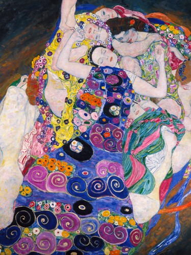 Gustav Klimt, Le Vergini (Wunschgröße, Klassische Moderne,dekorativ, Jugendstil, Eros&People, Frauen,  Umarmung, Erotik, Ornamente, geometrische Formen, bunt, Wohnzimmer, Treppenhaus, Schlafzimmer, Malerei)