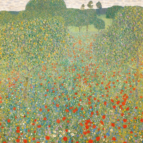 Gustav Klimt, Mohnwiese (Wunschgröße, Klassische Moderne,Jugendstil, Pointillismus,Mohnwiese, Mohnfeld, Blumen, Blüten, Blumengarten, Landschaft, Bäume, Natur, bunt, Wohnzimmer, Treppenhaus, Schlafzimmer, Malerei)