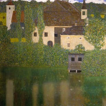 Gustav Klimt, Schlosskammer am Attersee (Wunschgröße, Klassische Moderne,dekorativ, Jugendstil, Österreich, Landschaften, Garten, Häuser, Schloss,Spiegelung, See, bunt, Wintergarten, Wohnzimmer, Schlafzimmer, Malerei)