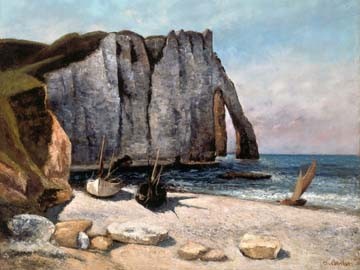 Gustave Courbet, Falaise und Etretat und Boote (Wunschgröße, Malerei, Realismus, Landschaft, Meeresbrise, Küste, Felsenküste, Meer, Boote, Wohnzimmer,  bunt)