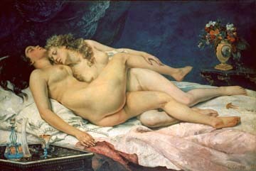 Gustave Courbet  Le sommeil (Wunschgröße, Malerei, Realismus, Aktbilder / Erotik, Lesben, Bett, Frauen, Schlafzimmer, bunt)