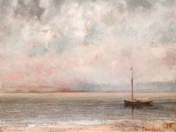 Gustave Courbet  Wolken am Genfer See (Wunschgröße, Malerei, Realismus, Landschaft, See, Wasser, Horizont, Himmel, Wolken, Boot, Dunst, Nebel, Wohnzimmer,  Schlafzimmer, bunt)