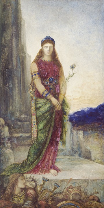 Gustave Moreau, Helena vor der Mauer Trojas (Festung, Tor, Helena, Sage, Mythologie, Troja, mythisch, Symbolismus, Wohnzimmer, Wunschgröße, Klassiker, bunt)