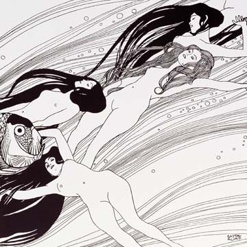 Gustav Klimt, Fischblut (Wunschgröße, Klassische Moderne, Jugendstil, dekorativ, Eros&People, Frauen, Akt, Wasser, Fisch, schwarz / weiß, Wohnzimmer, Treppenhaus, Schlafzimmer, Malerei)