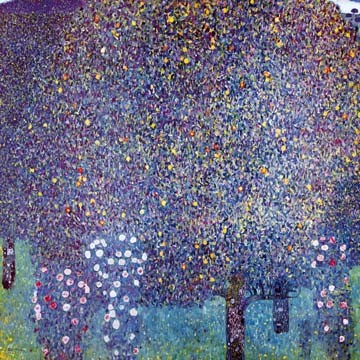 Gustav Klimt, Rosenstrucher unter Bumen (Wunschgröße, Klassische Moderne,Jugendstil, Pointillismus, Blumen, Blüten, Rosen, Baum, Blütenbaum, blau / bunt,Wohnzimmer,Treppenhaus, Schlafzimmer, Malerei)