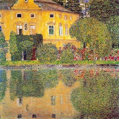 Gustav Klimt, Schlosskammer am Attersee (Klassische Moderne,Jugendstil, Österreich, See, Bäume, Architektur, Haus, Spiegelung, bunt, Wohnzimmer, Treppenhaus, Schlafzimmer, Malerei)