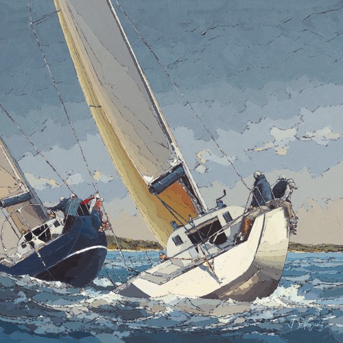 Guy Dekeryver, Bord  Bord (Meer, Segeln, Segelsport, Seegang, Wellen, Bewegung, Unruhe, Sport, Segelboot, Boot, Meeresbrise, Malerei, Wunschgröße, Wohnzimmer, Treppenhaus, bunt)