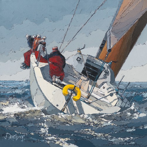 Guy Dekeryver, Dans le clapot (Meer, Segeln, Segelsport, Seegang, Wellen, Bewegung, Unruhe, Sport, Segelboot, Boot, Meeresbrise, Malerei, Wunschgröße, Wohnzimmer, Treppenhaus, bunt)