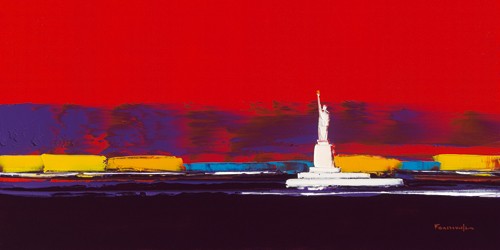 Guy Fontdeville, New York I (Wunschgröße, Malerei, Modern, Abstrakt, Amerika, Stadt, Metropole, New York, Wahrzeichen, Freiheitsstatue, Wohnzimmer, Büro, Business, Flur, rot / blau)