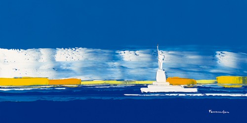 Guy Fontdeville, New York II (Wunschgröße, Malerei, Modern, Abstrakt, Amerika, Stadt, Metropole, New York, Wahrzeichen, Freiheitsstatue, Wohnzimmer, Büro, Business, Flur, blau)