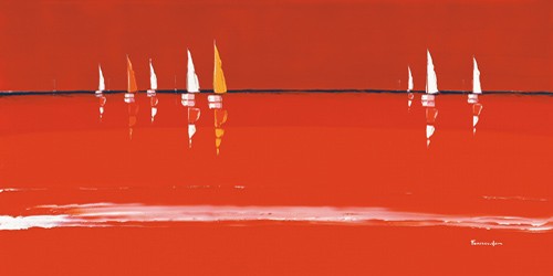 Guy Fontdeville, Soleil rouge (Wunschgröße,Malerei, Modern, Abstrakt, maritim, Meeresbrise, Meer, Horizont, Segelboote, Wohnzimmer, Büro, Business, Treppenhaus, rot)