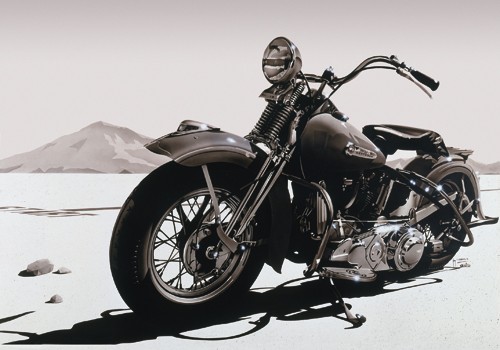 Guy Tempier, Desert Stone (Wunschgröße, Modern, Malerei, Fotorealsimus, Harley Davidson, Motorrad, Freiheit, Wüste, American Scene, Treppenhaus, Wohnzimmer, schwarz/weiß)