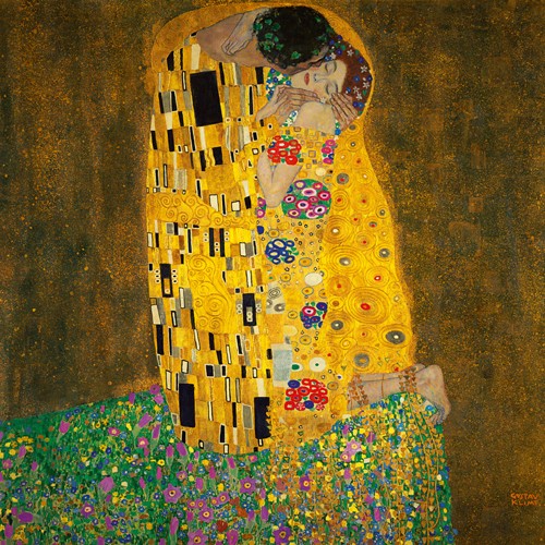 Gustav Klimt, Der Kuss (Wunschgröße, Klassische Moderne,dekorativ, Jugendstil, Eros&People, Frau, Mann, Umarmung, Erotik, Ornamente, geometrische Formen, bunt, Wohnzimmer, Treppenhaus, Schlafzimmer, Malerei)