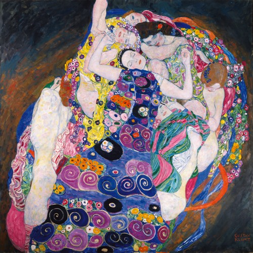 Gustav Klimt, Die Jungfrau (Wunschgröße, Klassische Moderne,dekorativ, Jugendstil, Eros&People, Frauen,  Umarmung, Erotik, Ornamente, geometrische Formen, bunt, Wohnzimmer, Treppenhaus, Schlafzimmer, Malerei)