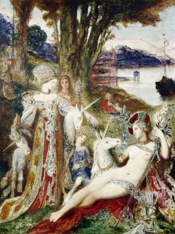 Gustave Moreau, Die Einhörner (Einhörner, Fabelwesen, Mythos, mythisch, Frauen, Akt, Symbolismus, Wohnzimmer, Wunschgröße, Klassiker, bunt)