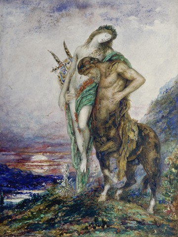 Gustave Moreau, Von einem Zentaur getragener Dichter (Zentaur, Fabelwesen, Mythologie, Dichter, Lyra, Mensch, mythisch, Symbolismus, Wohnzimmer, Wunschgröße, Klassiker, bunt)