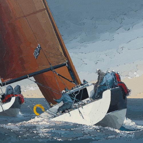 Guy Dekeryver, Au rappel sur Tribord (Meer, Segeln, Segelsport, Seegang, Wellen, Bewegung, Unruhe, Sport, Segelboot, Boot, Meeresbrise, Malerei, Wunschgröße, Wohnzimmer, Treppenhaus, bunt)