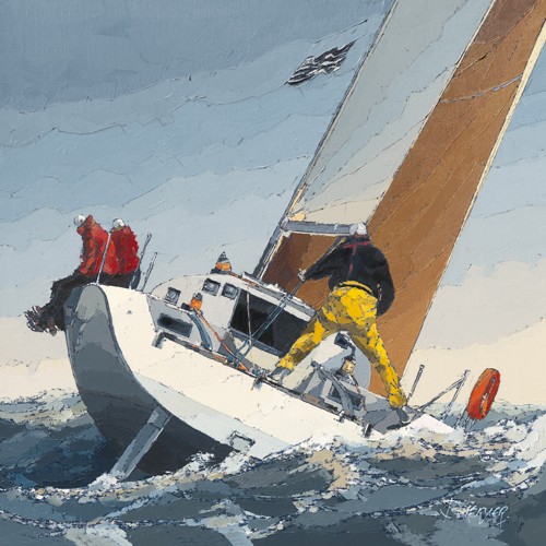 Guy Dekeryver, Petite brise (Meer, Segeln, Segelsport, Seegang, Wellen, Bewegung, Unruhe, Sport, Segelboot, Boot, Meeresbrise, Malerei, Wunschgröße, Wohnzimmer, Treppenhaus, bunt)