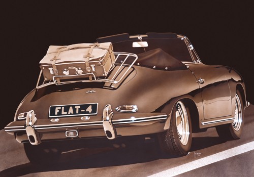 Guy Tempier, Flat-4 (Wunschgröße,Modern, Malerei Fotorealismus, Auto, Cabriolet, Oldtimer, Nostalgie, Kofferhalter, Koffer, Luxus, Autohaus, Jugendzimmer, schwarz/weiß)