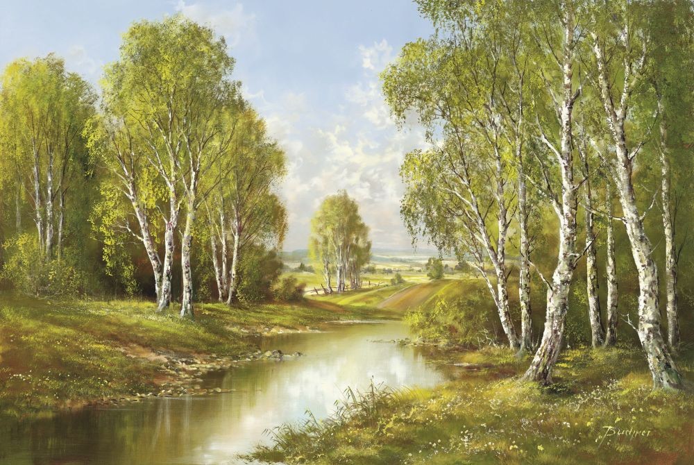 H. Buchner, BIRCHES IN SPRINGTIME (Landschaft, Landschaftsmalerei, Fluss, Frühling, Nostalgie, Idylle, Bäume, Birken, Ruhe, Einsamkeit, Wohnzimmer, Schlafzimmer, Treppenhaus, Malerei, bunt)