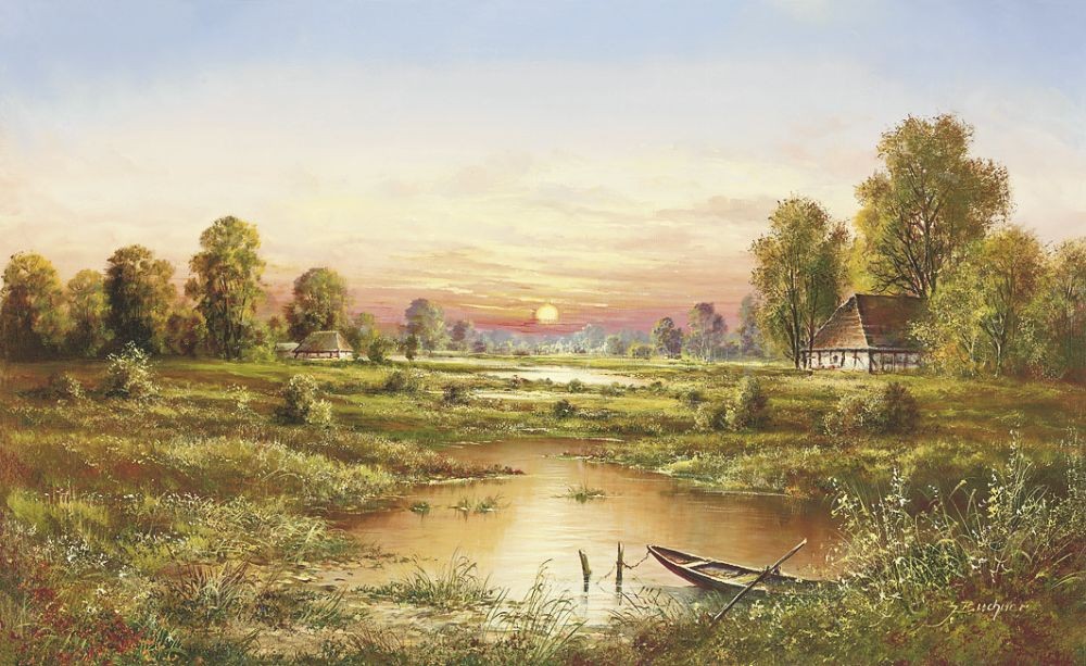 H. Buchner, MARSHLANDS (Landschaft, Landschaftsmalerei, Bauernhof, Bach, Fluss, Nostalgie, Idylle, Bäume, Sonnenuntergang, Ruhe, Einsamkeit, Wohnzimmer, Schlafzimmer, Treppenhaus, Malerei, bunt)