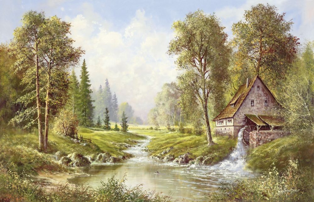 H. Buchner, OLD MILL (Landschaft, Landschaftsmalerei, Fluss, Wassermühle, Mühle, Nostalgie, Idylle, Bäume,  Ruhe, Einsamkeit, Wohnzimmer, Schlafzimmer, Treppenhaus, Malerei, bunt)