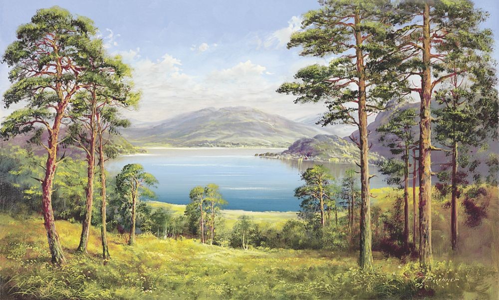 H. Buchner, OTMUCHOW LAKE (Landschaft, Landschaftsmalerei, Polen, See, Nostalgie, Idylle, Bäume, Hügel, Ruhe, Einsamkeit, Wohnzimmer, Schlafzimmer, Treppenhaus, Malerei, bunt)