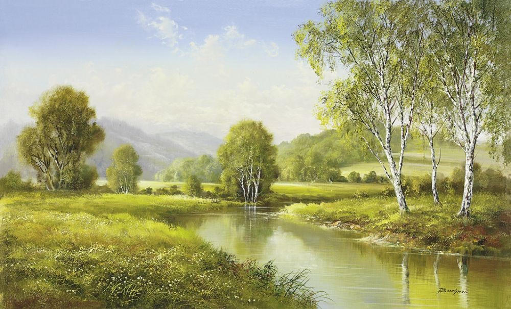 H. Buchner, QUIET POND (Landschaft, Landschaftsmalerei, Fluss, Nostalgie, Idylle, Bäume, Birken, Ruhe, Einsamkeit, Wohnzimmer, Schlafzimmer, Treppenhaus, Malerei, bunt)