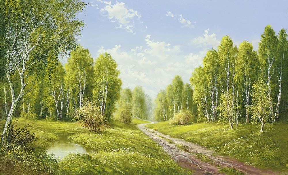 H. Buchner, SUMMER GLOW (Landschaft, Landschaftsmalerei, Weg, Waldweg, Nostalgie, Idylle, Bäume, Wald,  Ruhe, Einsamkeit, Wohnzimmer, Schlafzimmer, Treppenhaus, Malerei, bunt)