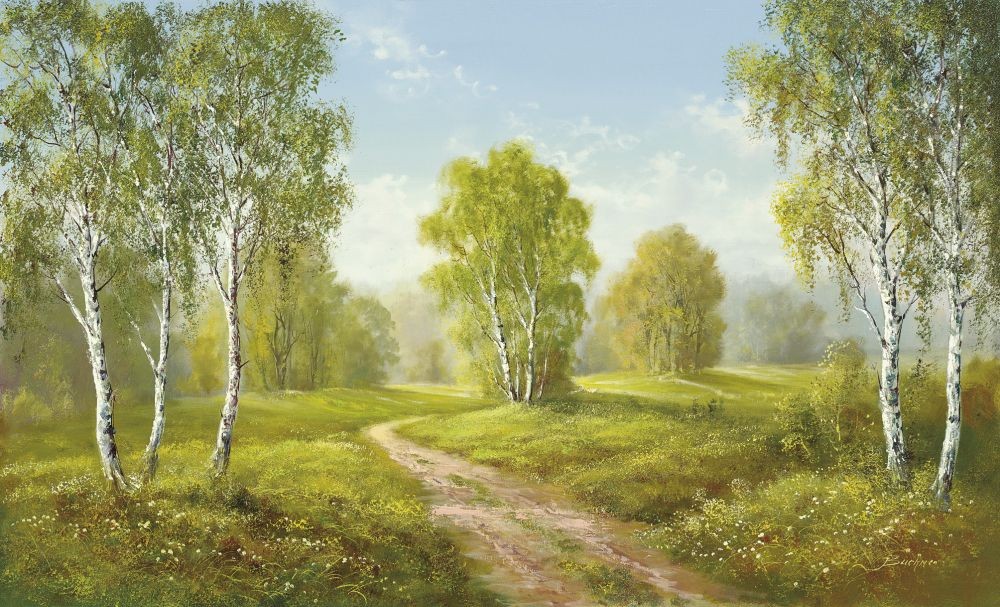 H. Buchner, SUNNY AFTERNNON (Landschaft, Landschaftsmalerei, Weg, Nostalgie, Idylle, Bäume, Birken, Ruhe, Einsamkeit, Wohnzimmer, Schlafzimmer, Treppenhaus, Malerei, bunt)