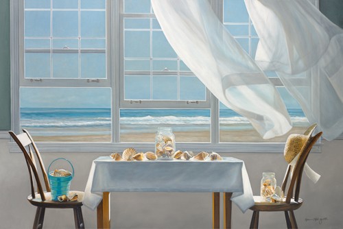 Karen Hollingsworth, The Shell Collectors (Fotorealismus, Meeresbrise, Meer, Fenster, Strand, Muschelsammlung, Tisch, Stühle, Vorhang, Gardine, wehende Gardine, Sonnenlicht, Aussicht, Wohnzimmer, Schlafzimmer, Wunschgröße, Malerei, Modern, bunt)