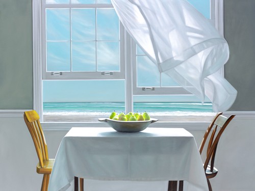 Karen Hollingsworth, Meditation (Fotorealismus, Meeresbrise, Meer, Fenster, Strand, Tisch, Stühle, Obstschale, Birnen, Vorhang, Gardine, wehende Gardine, Sonnenlicht, Aussicht, Wohnzimmer, Schlafzimmer, Wunschgröße, Malerei, Modern, bunt)