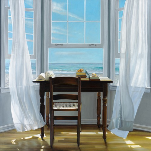 Karen Hollingsworth, Contemplation (Fotorealismus, Meeresbrise, Meer, Fenster, Strand, Tisch, Stuhl, Bücher, Vorhang, Gardine, wehende Gardine, Sonnenlicht, Aussicht, Wohnzimmer, Schlafzimmer, Wunschgröße, Malerei, Modern, bunt)