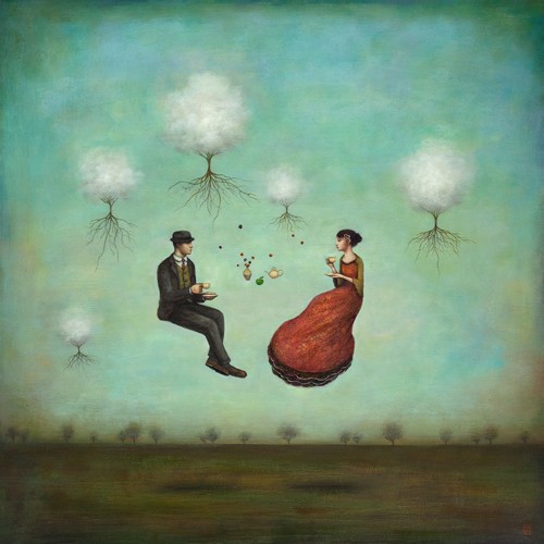 Duy Huynh, Gravitea For Two (Traumwelt, Surreal, Frau, Mann, Teatime, Tee trinken, Schwebende, Leichtigkeit, Wolkenbäume, diffuse Landschaft, Wohnzimmer, Jugendzimmer, Schlafzimmer, Treppenhaus, Wunschgröße,  bunt)