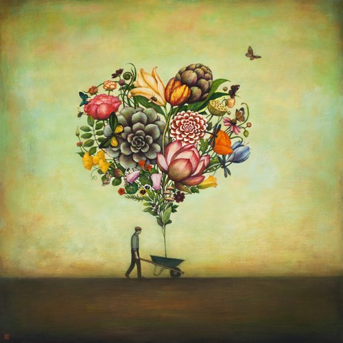 Duy Huynh, Big Heart Botany (Traumwelt, Surreal, landarbeiter, Schubkarre, Blumenherz, diffuse Landschaft, Wohnzimmer, Jugendzimmer, Schlafzimmer, Treppenhaus, Wunschgröße, bunt)