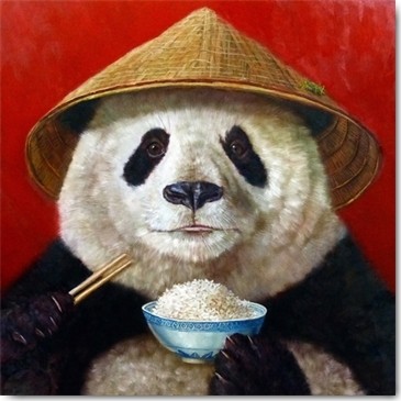 Lucia Heffernan, Panda (Pana, Bär, Reishut, china, reisschüssel, Essen, asiatisch, Spaß, Grafik, Wunschgröße, witzig, lustig, komisch, Wohnzimmer, Treppenhaus,Küche, Esszimmer, bunt,Comic)