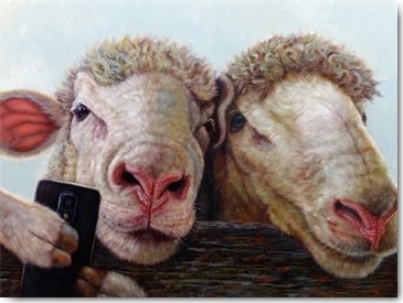 Lucia Heffernan, Selfi (Schafe, Selfi, Handy, Spaß, Grafik, Wunschgröße, witzig, lustig, komisch, Wohnzimmer, Treppenhaus, bunt,Comic)