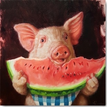 Lucia Heffernan, Pig Out (Schwein, Appetit, Melone, Zubeißen, Spaß, Grafik, Wunschgröße, witzig, lustig, komisch, Küche, Esszimmer, Treppenhaus, bunt ,Comic)