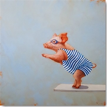 Lucia Heffernan, The Plunge (Schwein, Baden, Schwimmen, Badeanzug, Sprungbrett, Schwimmbad, Spaß, Grafik, Wunschgröße, witzig, lustig, komisch, Wohnzimmer, Treppenhaus, Badezimmer, bunt,Comic)