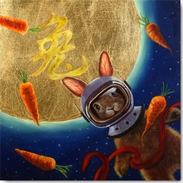 Lucia Heffernan, Journey to the Moon (hase, Astronaut, Karotten, Weltall, Spaß, Grafik, Wunschgröße, witzig, lustig, komisch, Treppenhaus, Kinderzimmer, bunt,Comic)