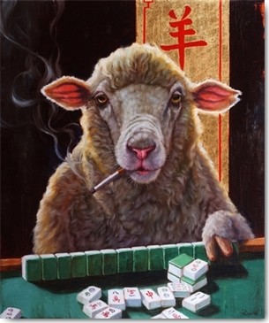 Lucia Heffernan, Principle for Life (Schaf, Rauchen, Zigarette, Spiel, Spieltisch, Casino, Spaß, Grafik, Wunschgröße, witzig, lustig, komisch, Wohnzimmer, Treppenhaus, bunt,Comic)