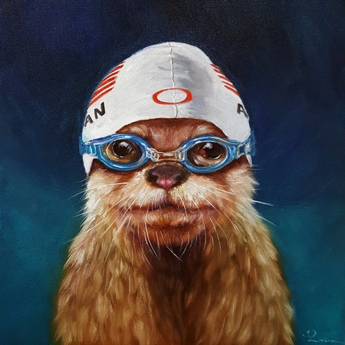 Lucia Heffernan, Olympic Hopeful No. 2 (Lama, Bademütze, Schwimmbrille, Anthropomorphismus, sportlich,  Grafik, Wunschgröße, witzig, lustig, komisch, Wohnzimmer, Treppenhaus, bunt,Comic)
